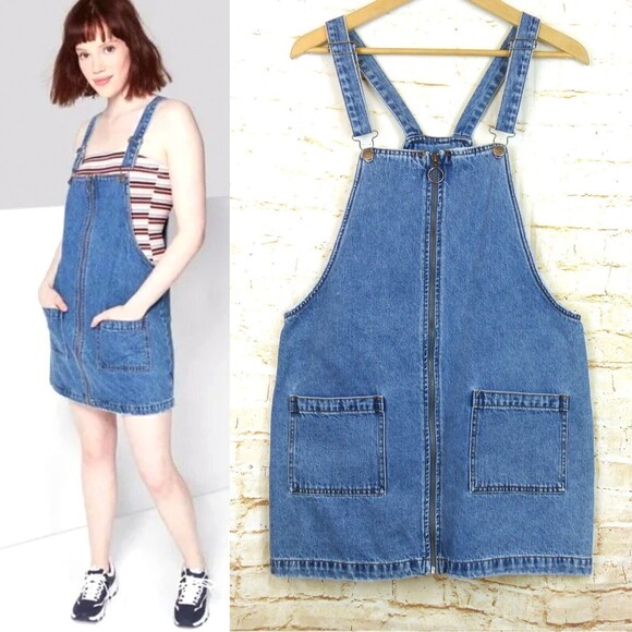 Wild Fable Dress Womens L Blue Denim Zip Front Overalls Pockets 90s Grunge Retro - Picture 1 of 10